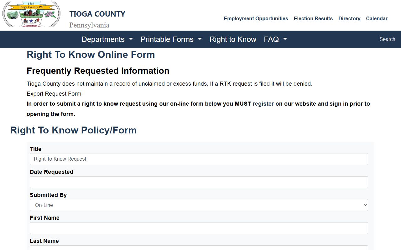 Tioga County Prothonotary records Right-to-Know online form