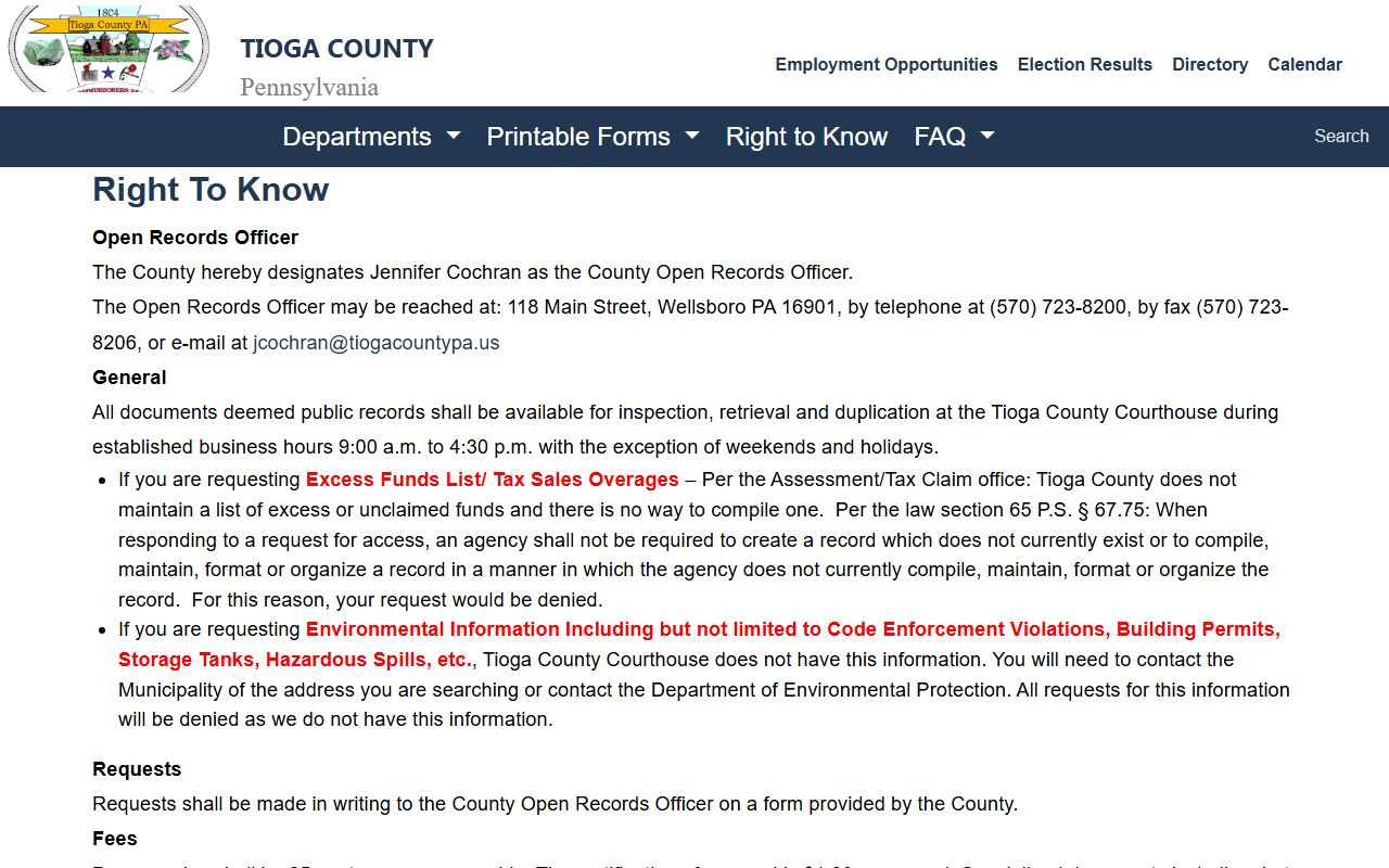 Tioga County Prothonotary records Right-to-Know contacts