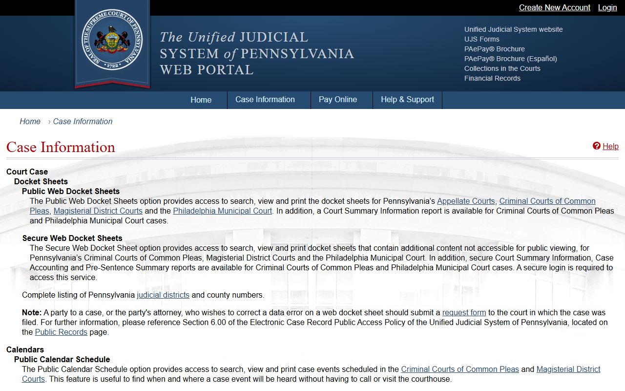Tioga County court dockets case information page