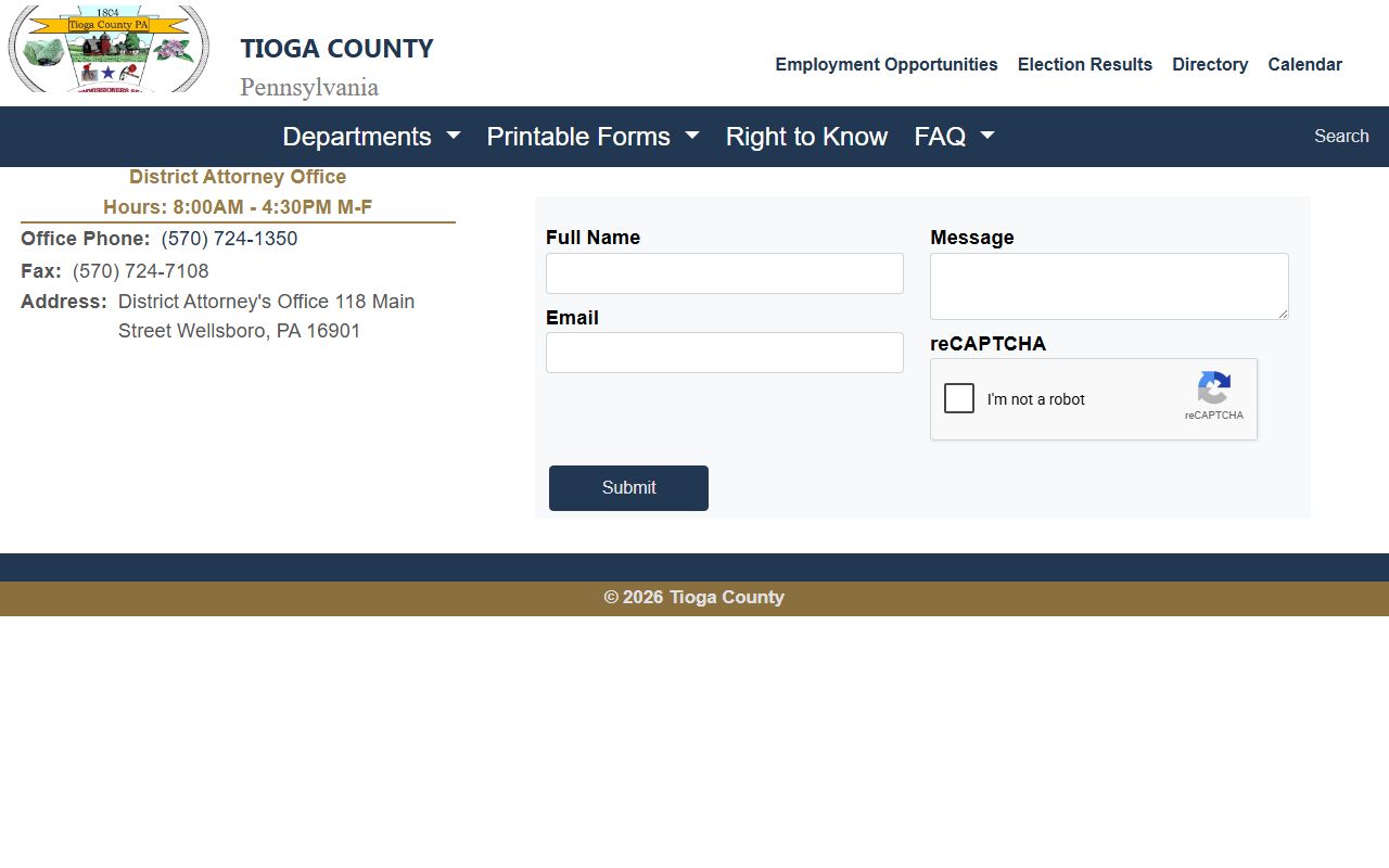 Tioga County criminal court records DA contact page