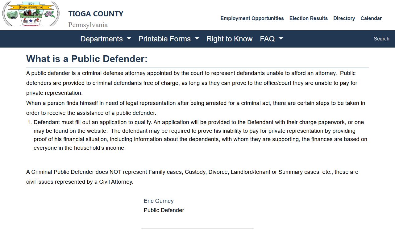 Tioga County criminal court records Public Defender page