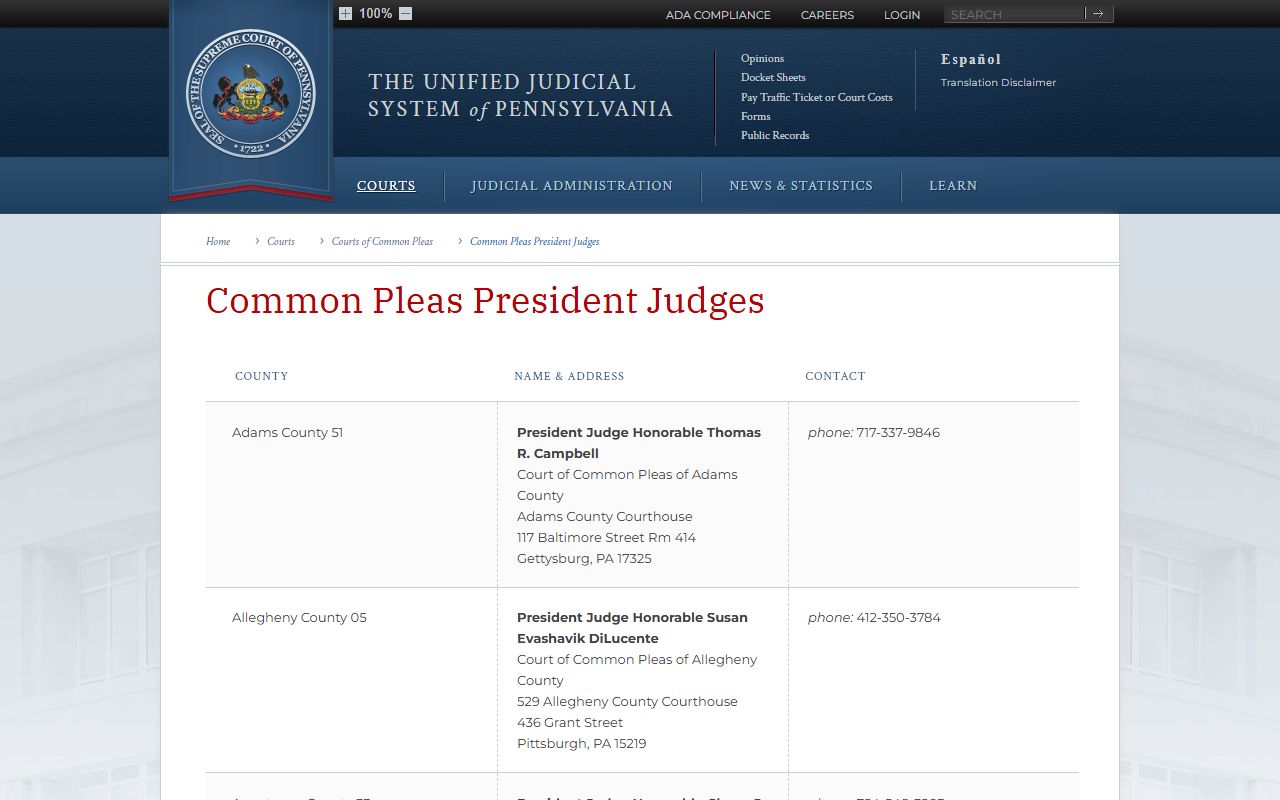 Tioga County Court of Common Pleas president judge listing