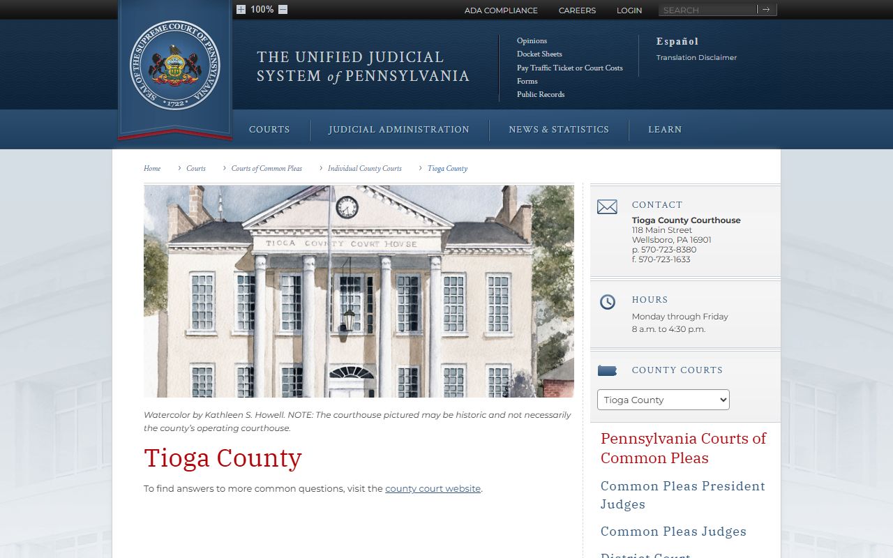 Tioga County Court of Common Pleas records page