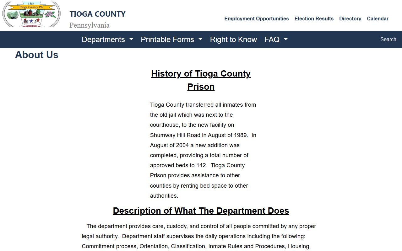 Tioga County inmate records prison operations page