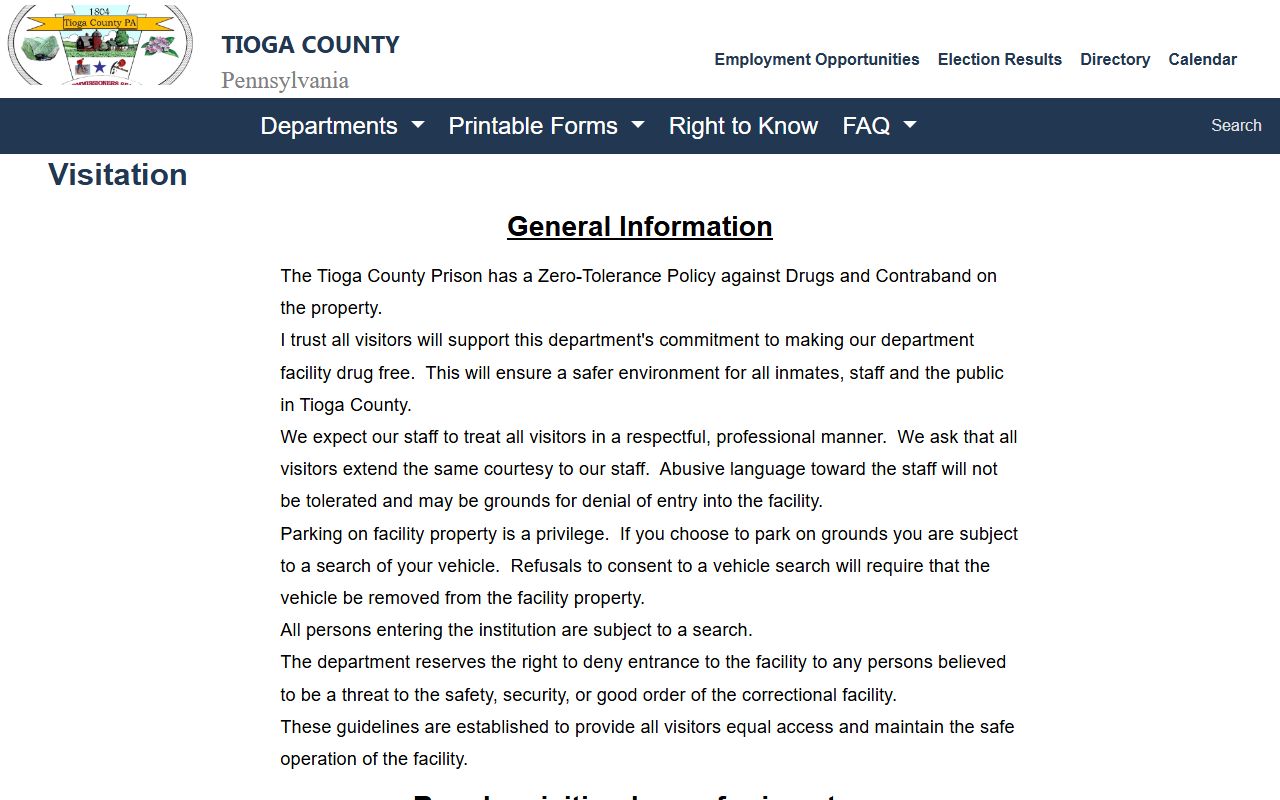 Tioga County inmate records prison visitation schedule