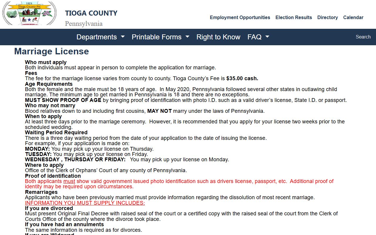 Tioga County marriage records license instructions
