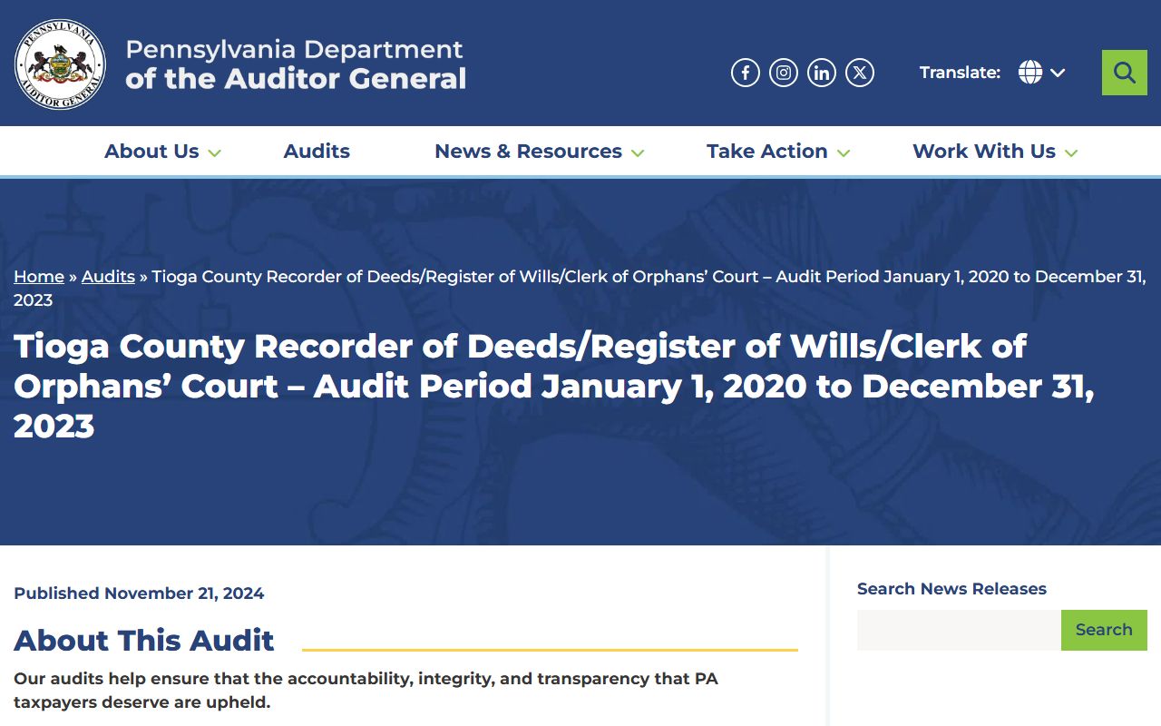 Tioga County probate records Auditor General office notice