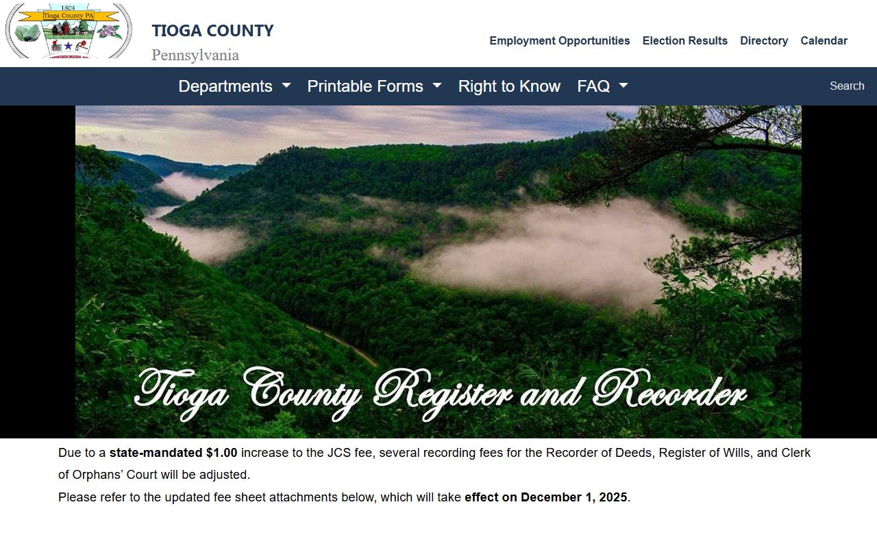 Tioga County probate records Register of Wills page