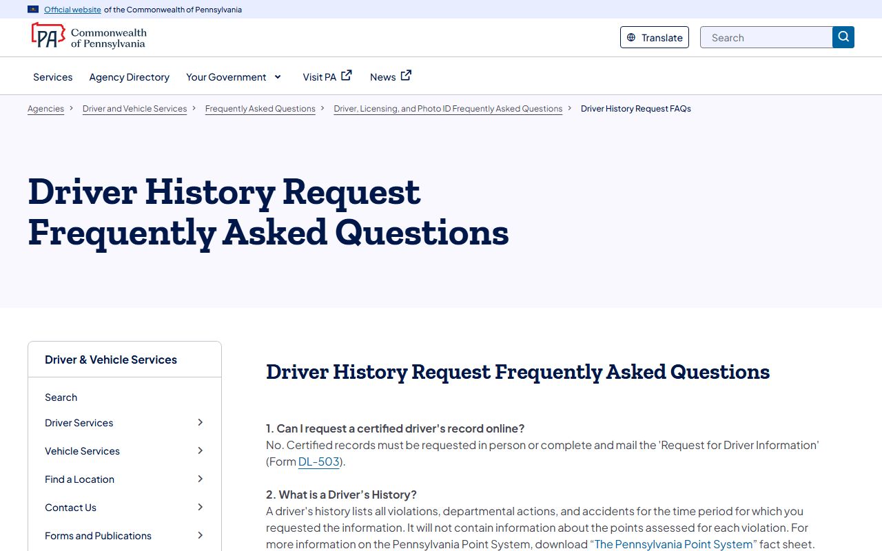 Tioga County traffic court records PennDOT driver history FAQ