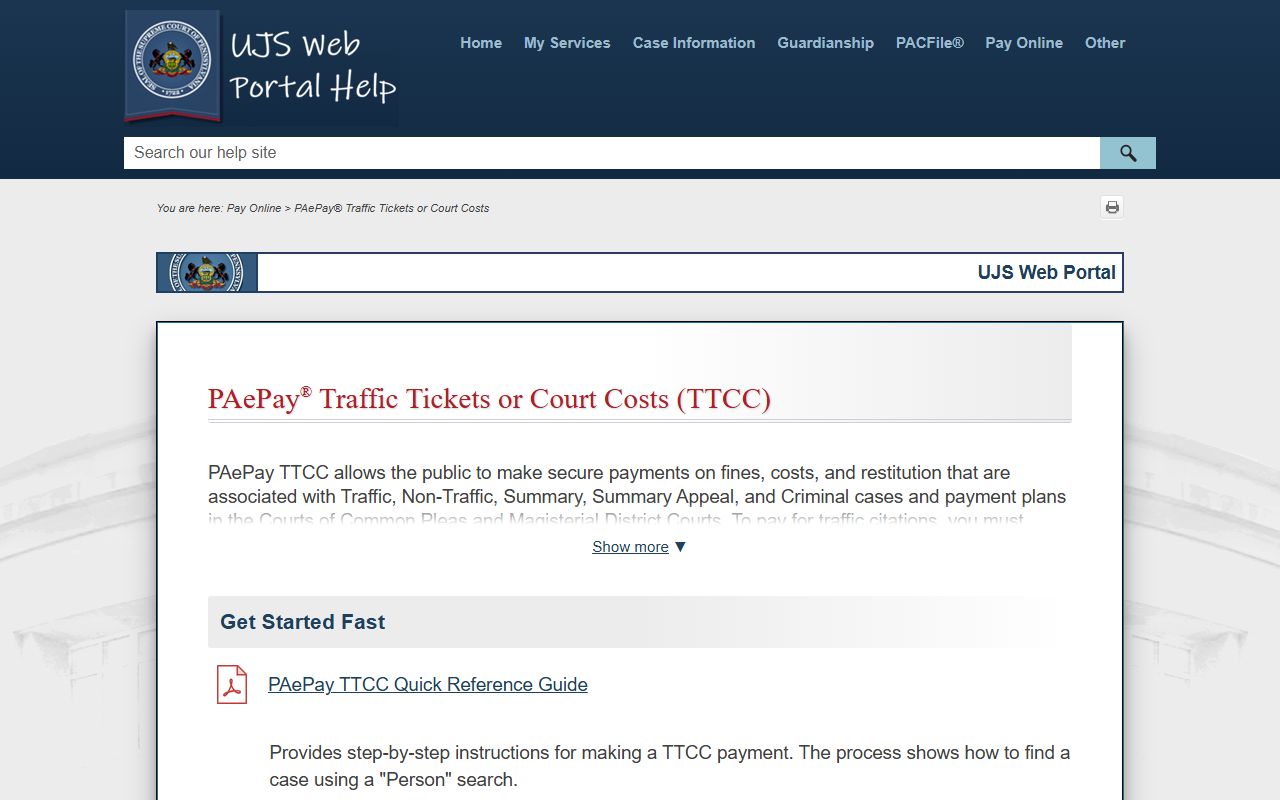 Tioga County traffic court records UJS PAePay help page