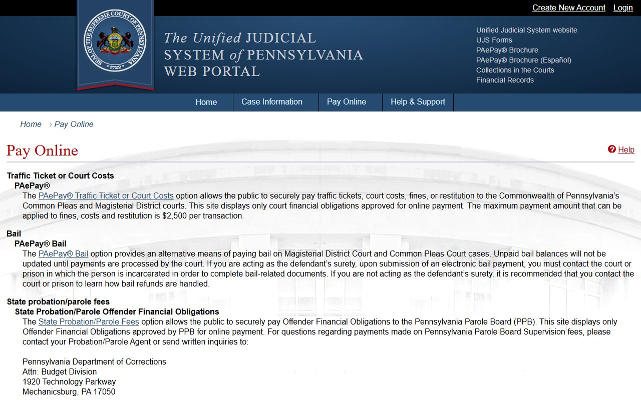 Tioga County traffic court records UJS pay online page