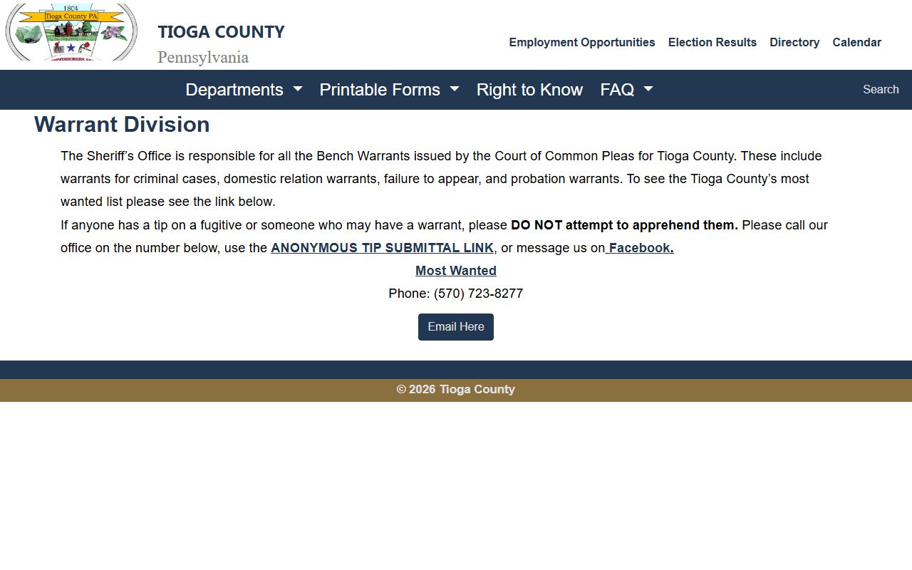 Tioga County warrant records warrant division page